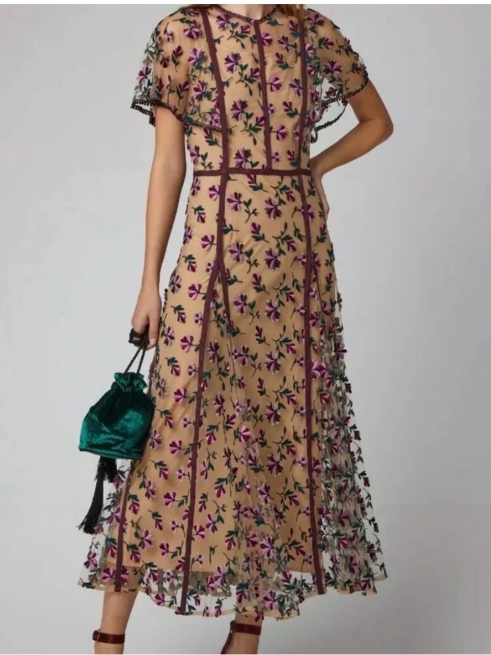 Lela Rose Nude Mesh Midi Dress with Purple Floral Embroidery